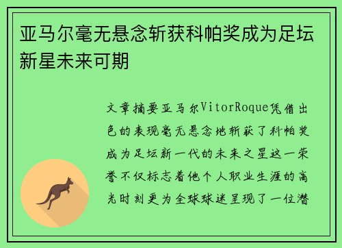 亚马尔毫无悬念斩获科帕奖成为足坛新星未来可期 亚马尔毫无悬念斩获科帕奖成为足坛新星未来可期